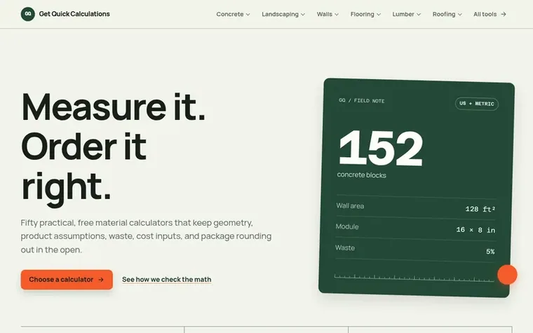 Screenshot of the GQ Calc homepage