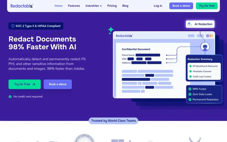 Screenshot of the Redactable homepage