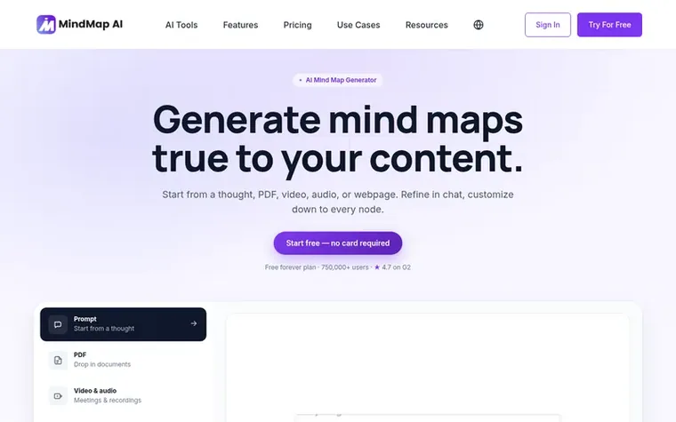 Screenshot of the MindMap AI homepage