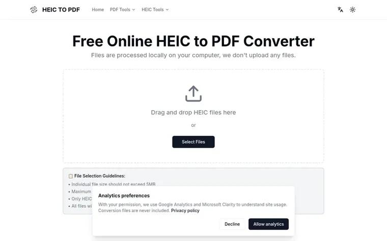 Screenshot of the HeicToPDF homepage