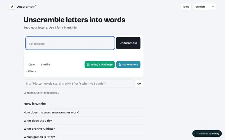 Screenshot of the Unscramblr™ homepage