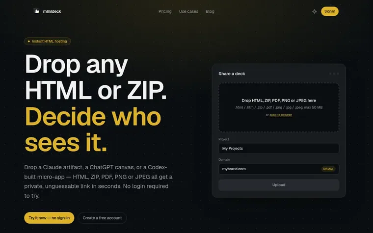 Screenshot of the miinideck homepage