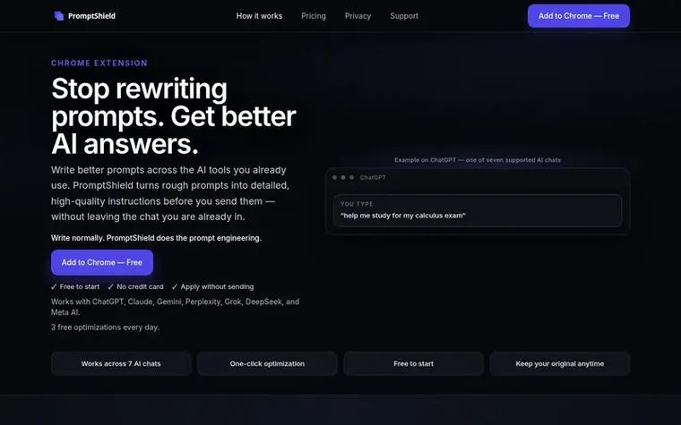 Screenshot of the PromptShield homepage