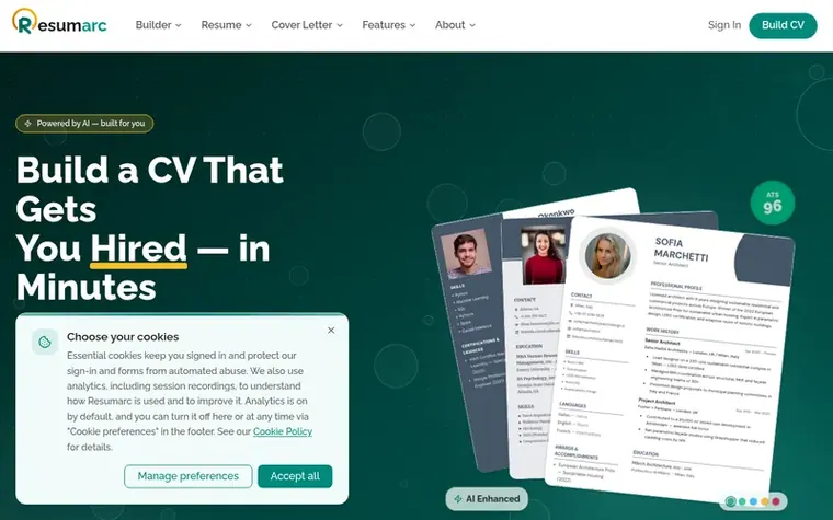 Screenshot of the Resumarc homepage