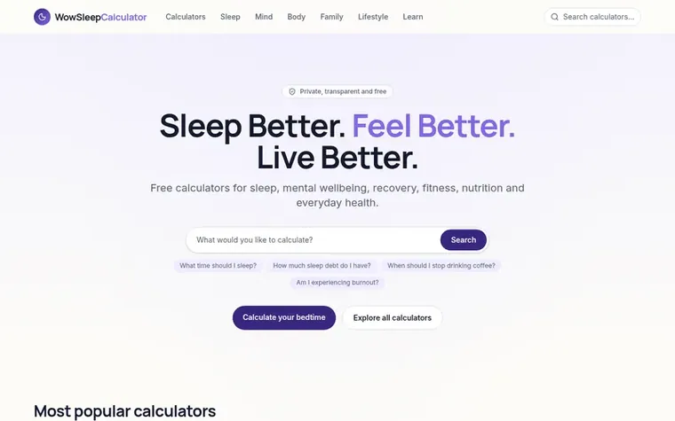 Screenshot of the WowSleepCalculator homepage