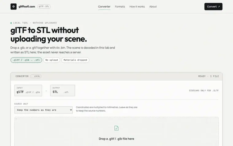 Screenshot of the glTF to STL Converter homepage