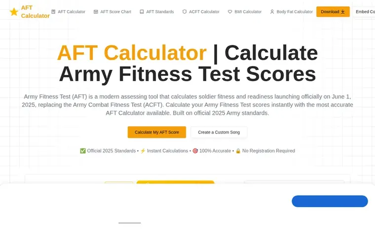 Screenshot of the AFT Calculator homepage