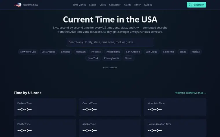 Screenshot of the USA Time homepage