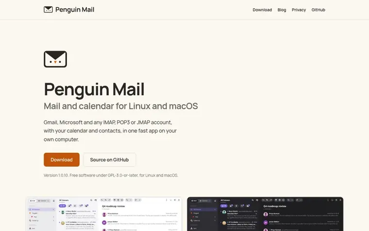 Screenshot of the Penguin Mail homepage