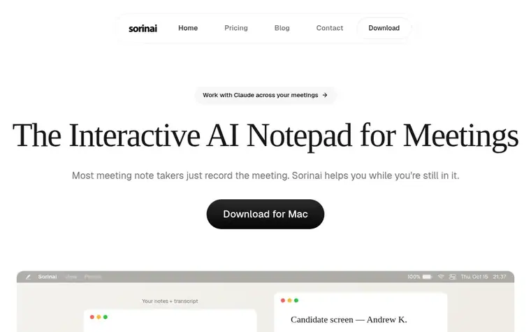 Screenshot of the Sorinai homepage