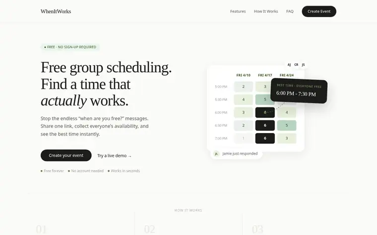 Screenshot of the WhenItWorks homepage
