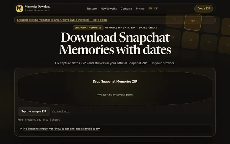 Screenshot of the Snapchat Memories Download homepage