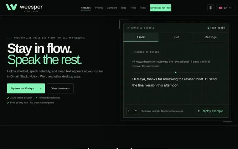 Screenshot of the Weesper Neon Flow homepage