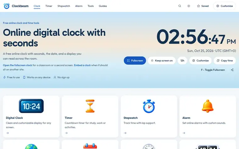 Screenshot of the Clockbeam homepage
