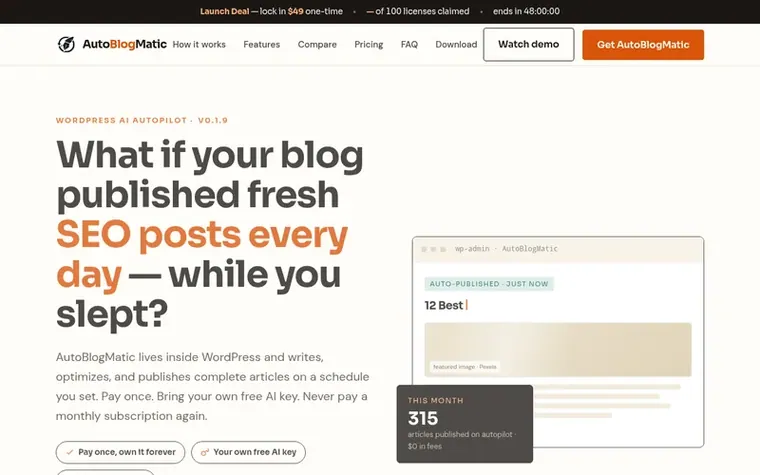 Screenshot of the AutoBlogMatic homepage