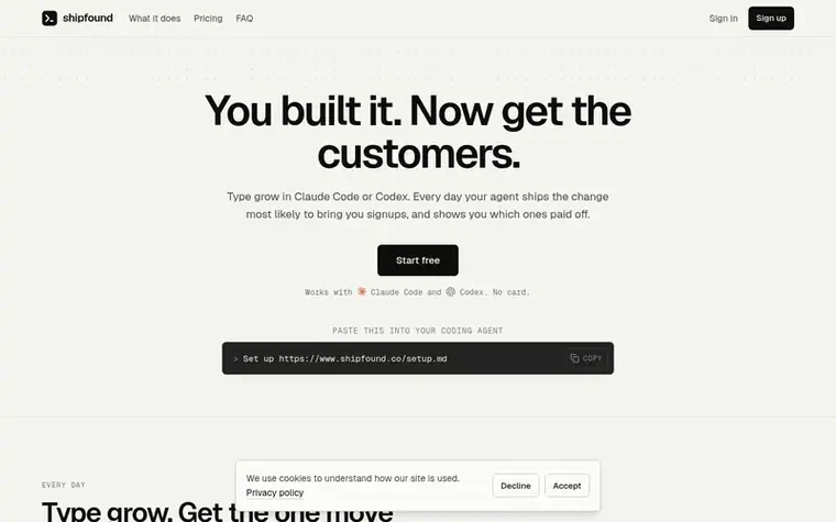 Screenshot of the Shipfound homepage