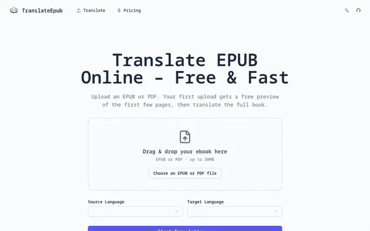Screenshot of the TranslateEPUB homepage