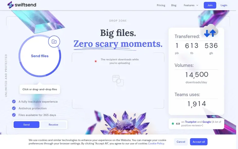 Screenshot of the SwiftSend homepage