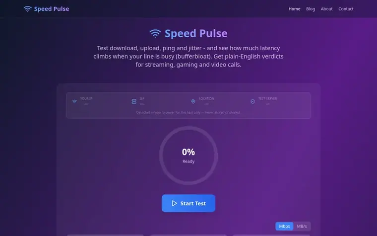 Screenshot of the SpeedPulse homepage