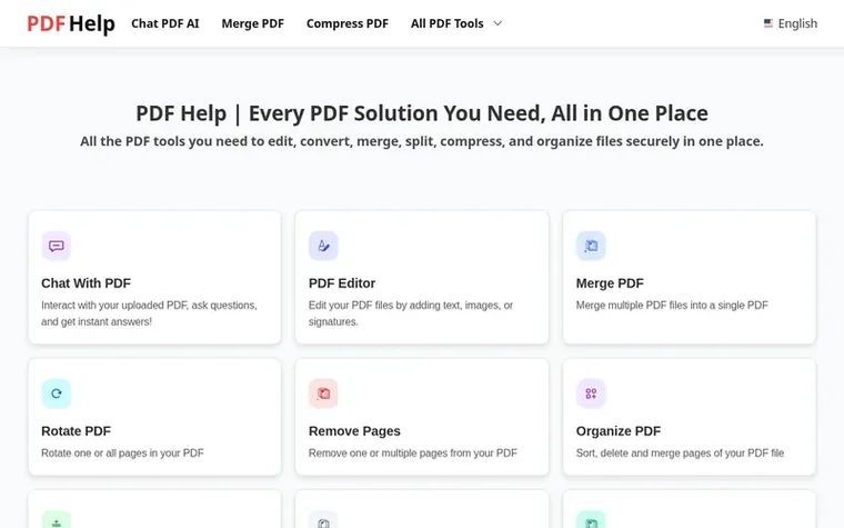 Screenshot of the PDF Help homepage