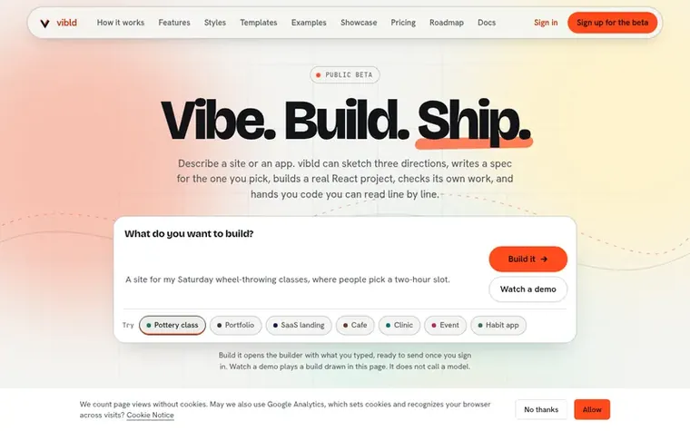 Screenshot of the vibld homepage