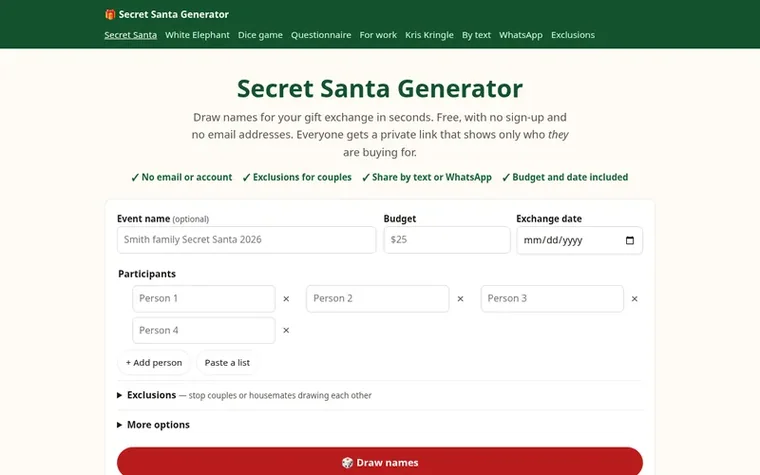 Screenshot of the Secret Santa Generator homepage