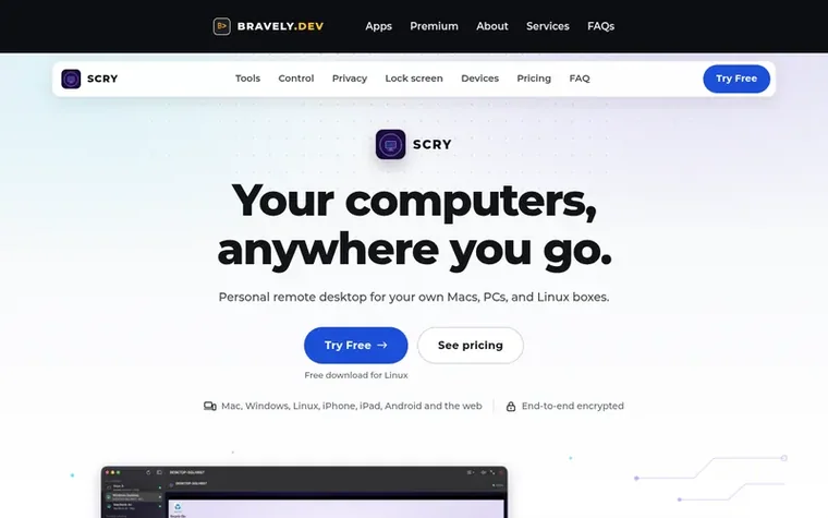 Screenshot of the Scry Remote Desktop homepage