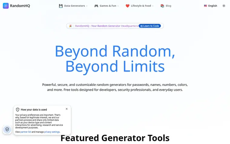 Screenshot of the RandomHQ homepage