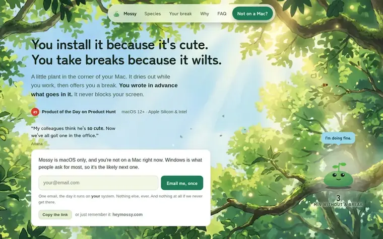 Screenshot of the Mossy homepage