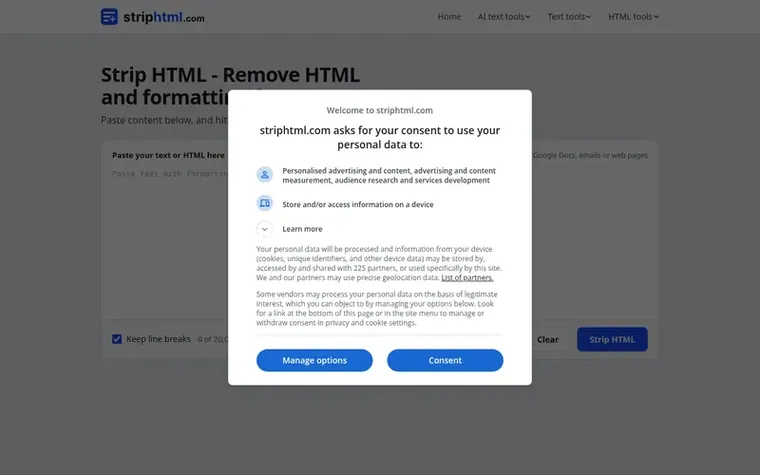 Screenshot of the StripHTML homepage