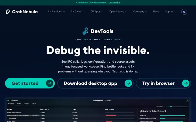 Screenshot of the CrabNebula DevTools homepage