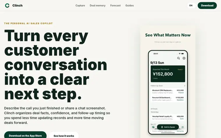 Screenshot of the Clinch homepage