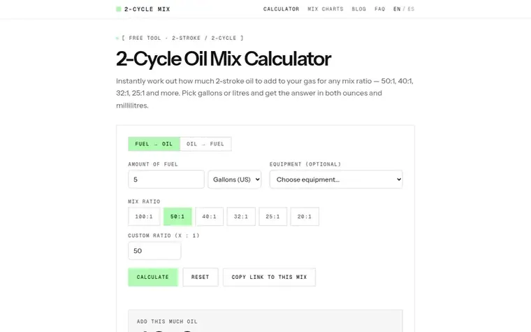 Screenshot of the 2-Cycle Oil Mix Calculator homepage