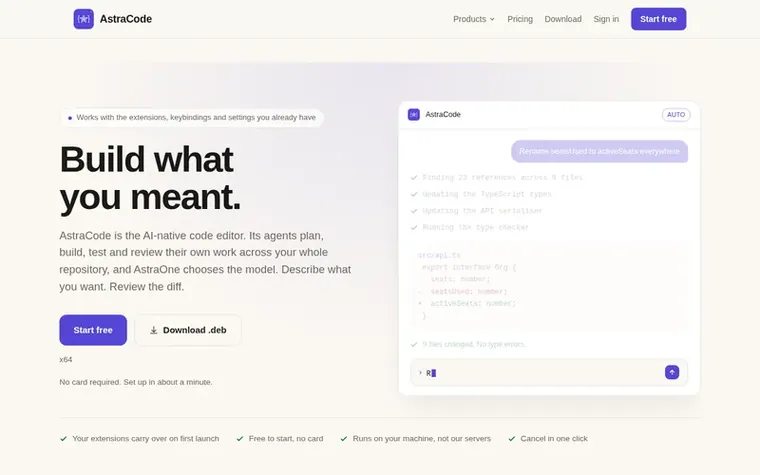 Screenshot of the AstraCode homepage