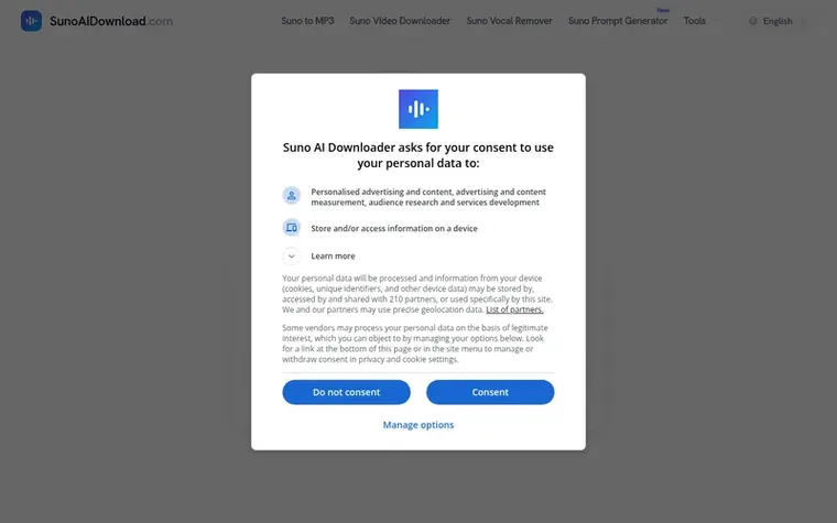 Screenshot of the Suno Downloader homepage