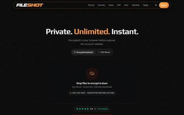 Screenshot of the FileShot homepage