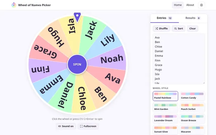 Screenshot of the Wheel of Names Picker homepage