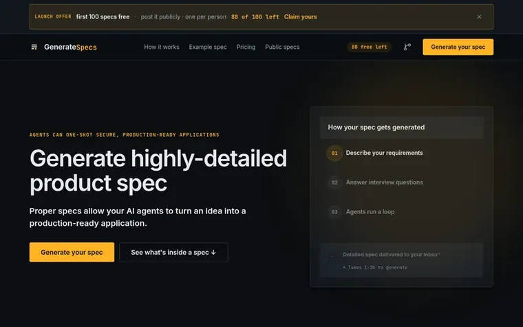 Screenshot of the GenerateSpecs homepage