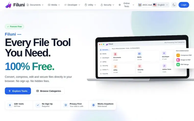 Screenshot of the Filuni homepage