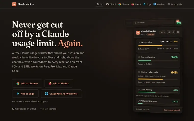 Screenshot of the Claude Monitor homepage