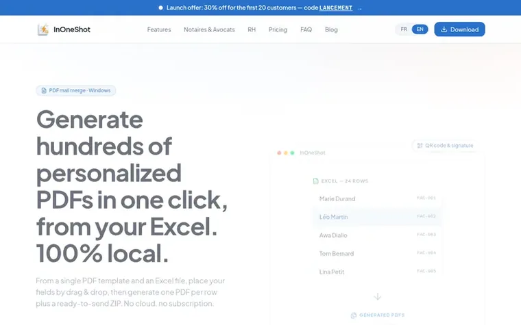 Screenshot of the InOneShot homepage