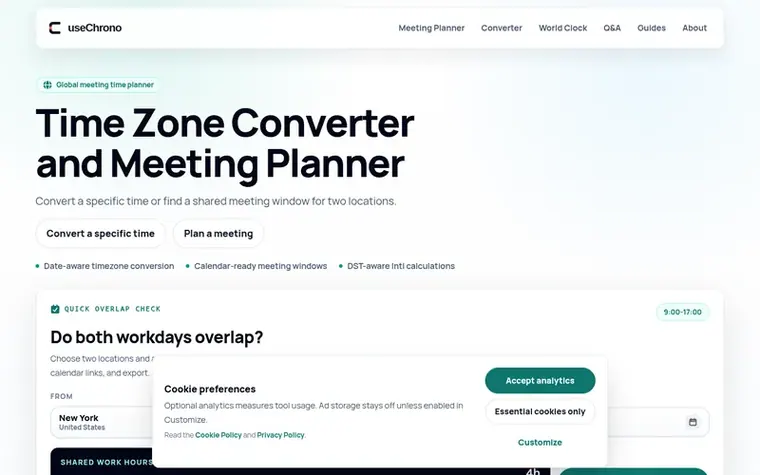 Screenshot of the useChrono homepage