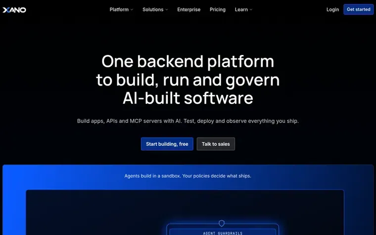Screenshot of the Xano homepage