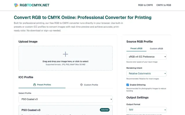 Screenshot of the RGB to CMYK Converter homepage