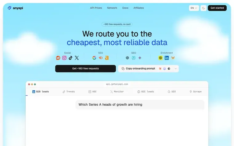 Screenshot of the AnyAPI homepage