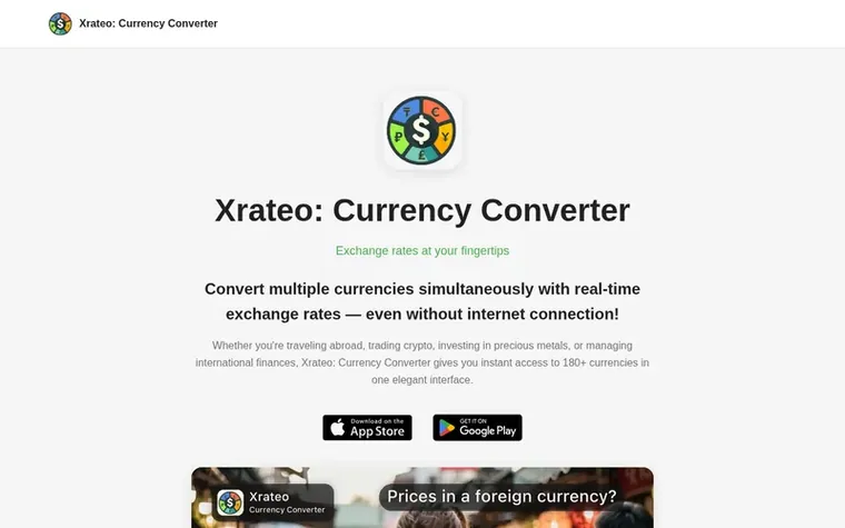 Screenshot of the Xrateo: Currency Converter homepage