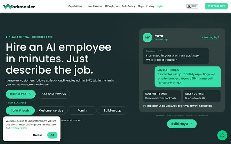 Screenshot of the Workmaster homepage