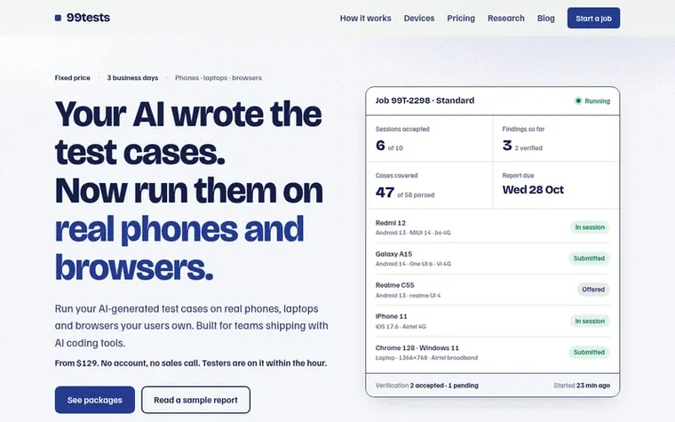 Screenshot of the 99tests homepage