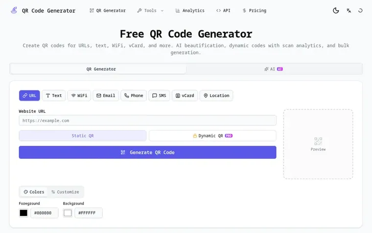 Screenshot of the QR Code Generator homepage