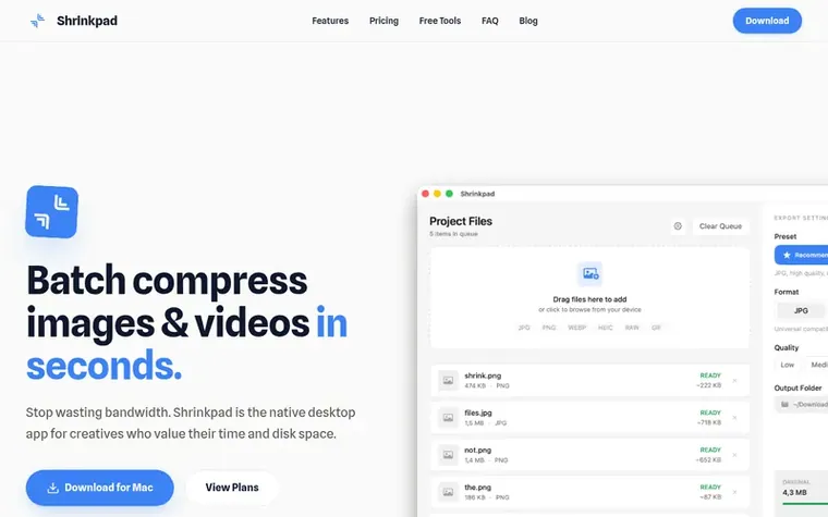Screenshot of the Shrinkpad homepage